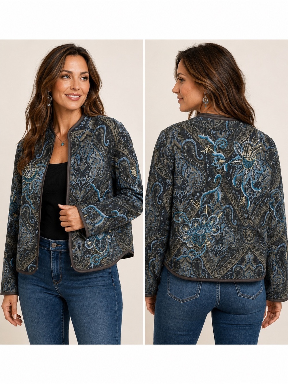 Coldwater Creek Blue Embroidered Paisley Tapestry Jacket Sz 12 P Art to wear - Picture 1 of 5
